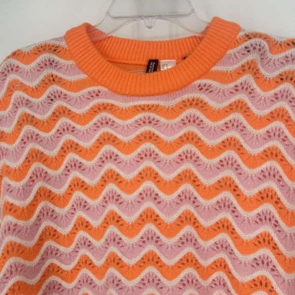 H&M Divided Orange Pink Crochet Pointelle Knit Cropped Sweater Slouchy Size M - Picture 2 of 9